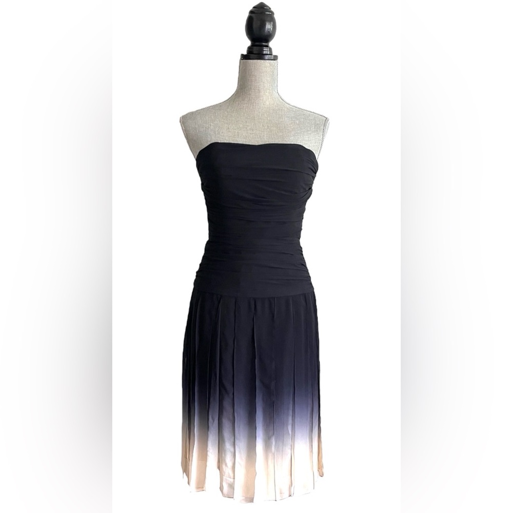 BCBG MAXAZRIA Navy Blue Silk Ombré Fringes Cocktail Women’s Strapless Dress Sz 4